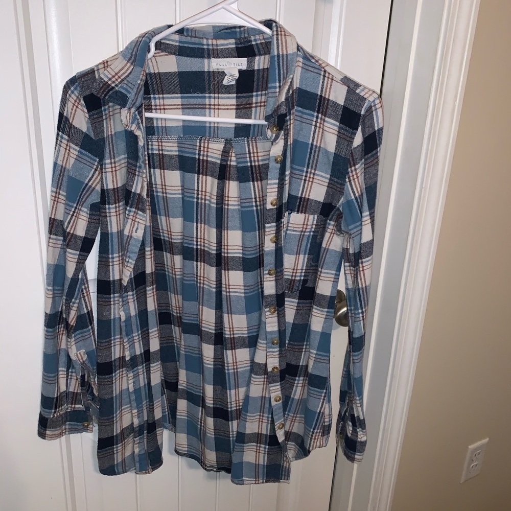 Blue button up plaid top